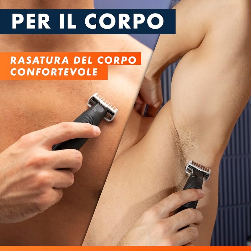 Fusion One Rasoio Elettrico Uomo Barba e Corpo, 3 Pettini Barba (1,2,5mm) e 1 Pettine Corpo, Testina Oscillante, Lama Ricambio, Impermeabile, Senza Fili, 45 Min Autonomia, Tecnologia Braun