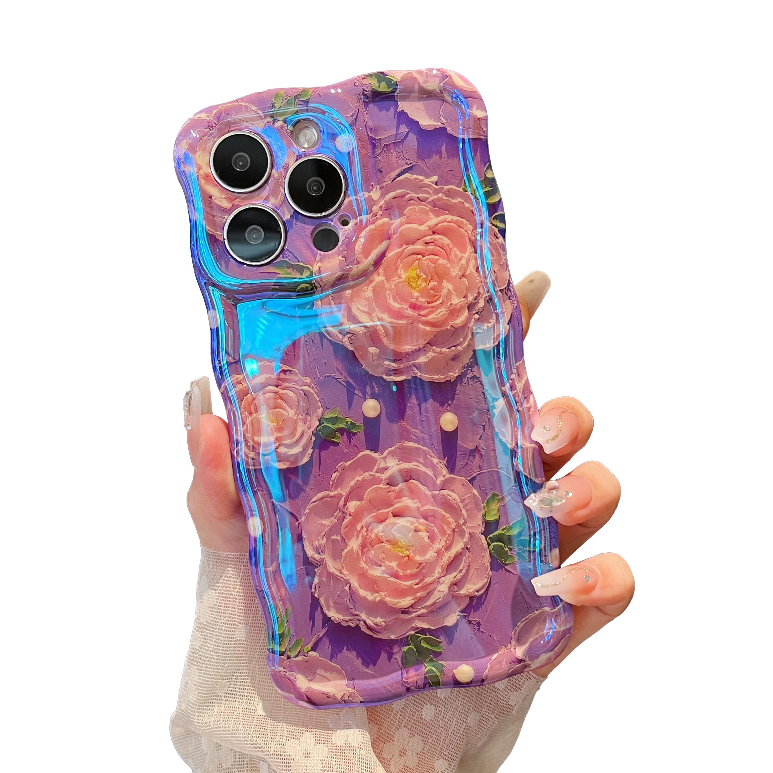 XIZYO Colorful Retro Oil Painting Flower Case for iPhone 15 Pro, Curly Wave Frame Laser Glossy Cute Floral Aesthetic Phone Case, Girls Women Slim Soft TPU Shockproof Cover, Peony/Purple — image 1