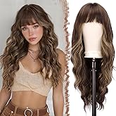 FESHFEN Brown Blonde Wig with Bangs for Women, Long Wavy Natural Looking Synthetic Hair Wigs for Daily Party Costume, Brown Mixed Blonde 26 inch