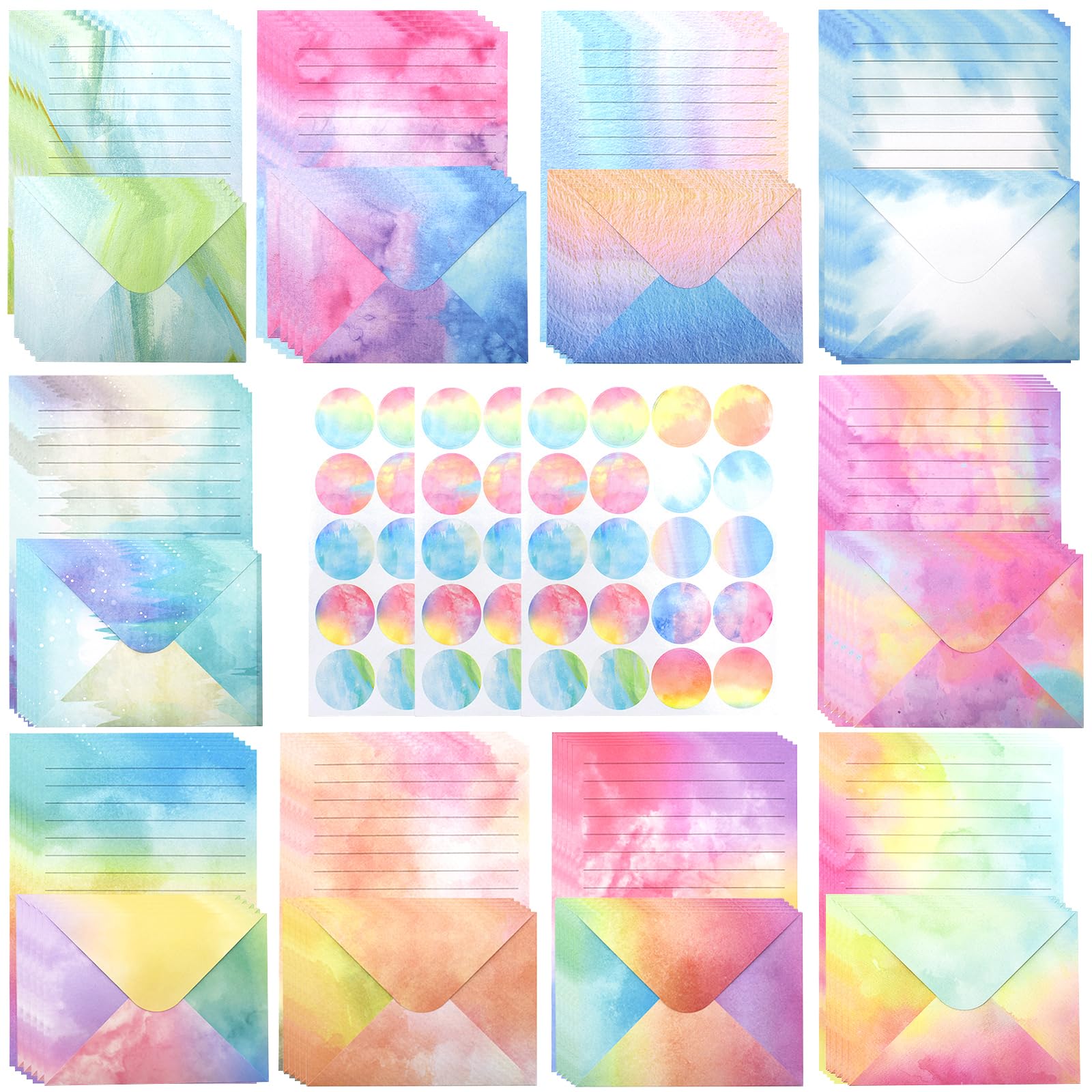 Cyiecw 160 piece Letter Writing Paper and Envelope Sets (10 Colors), 50 A5 Lined and 50 envelopes, Watercolor Elegant Children's Girls letterhead Writing Paper with 60 Stickers