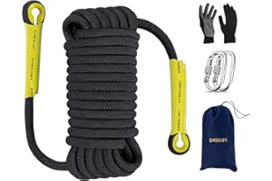 EMEKIAN 12 mm Outdoor Climbing Rope, 30 M (98 ft) Indoor Workout Rope, Static Rock Escape Rope with Non Slip Gloves for Ice Climbing Equipment, Fire Safety Rescue Rope, Black