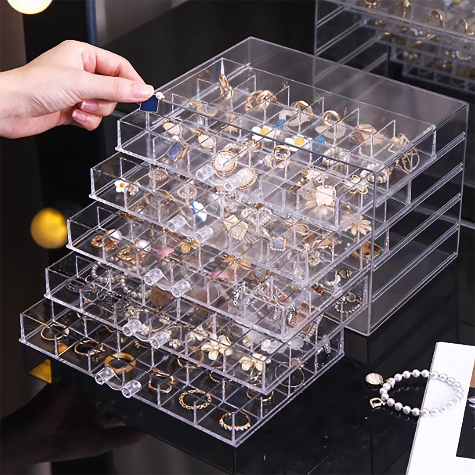 Euedue Clear Acrylic Jewelry Storage Box, Earring Jewelry Organizer with 5 Drawers, 5-Layer Jewelry Box for Women, Earrings Display Holder for Ring Bracelet Necklace, 120 Grid Compartment Storage Box
