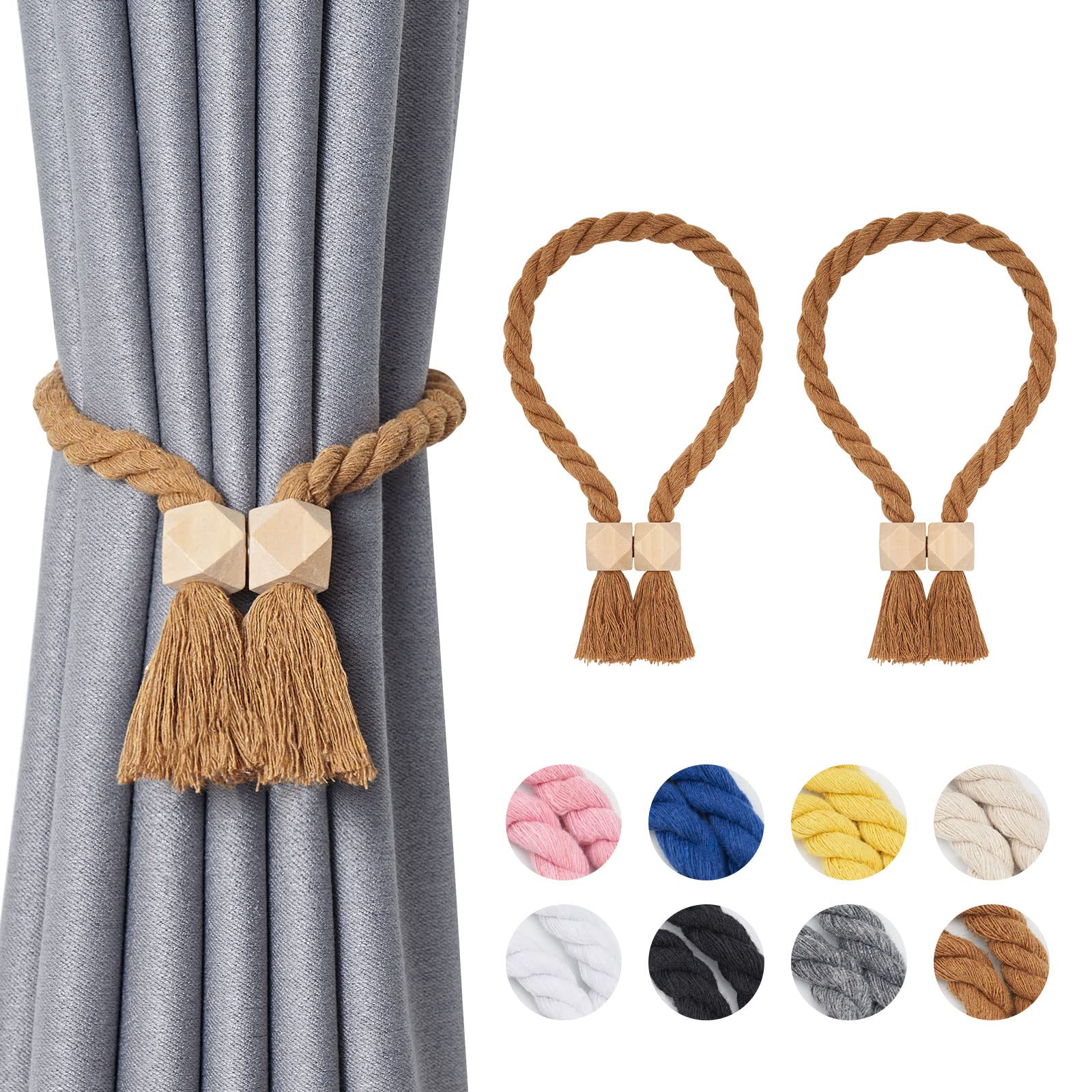 Pretty Jolly 2 Pack Wooden Polyhedron Magnetic Curtain Tiebacks Boho Home Decor Drape Tie Backs Natural Cotton Hand Woven Rope Curtain Holdbacks for Home & Office Window Draperies (Light Coffee)