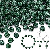 100 pcs 10mm Rhinestone Beads for Jewelry Making, Dark Green Shiny Round Shamballa Disco Beads Bulk, Sparkle Crystal Clay Christmas for Bracelet Baseball Necklace Earring Crafting and DIY