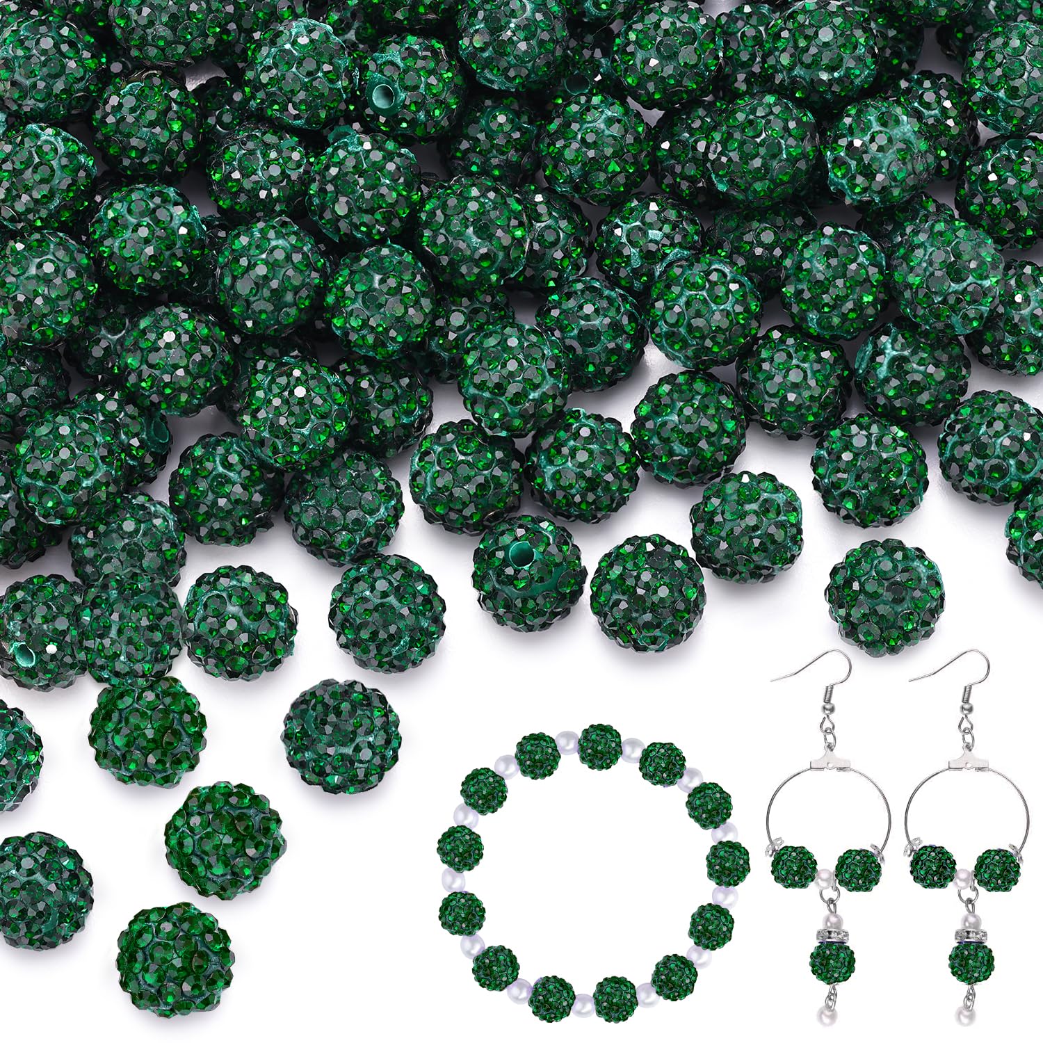 Photo 1 of 150 pcs 10mm Rhinestone Beads for Jewelry Making, Dark Green Shiny Round Shamballa Disco Beads Bulk, Sparkle Crystal Clay Christmas for Bracelet Baseball Necklace Earring Crafting and DIY