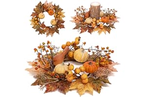 DILATATA 2 Set 11.8" Artificial Fall Candle Wreath for Table Centerpieces Table Accent Small Pumpkin Candle Rings for Pillars Autumn Candle Centerpieces Maple Leaf Wreath for Front Door Window-Two usages