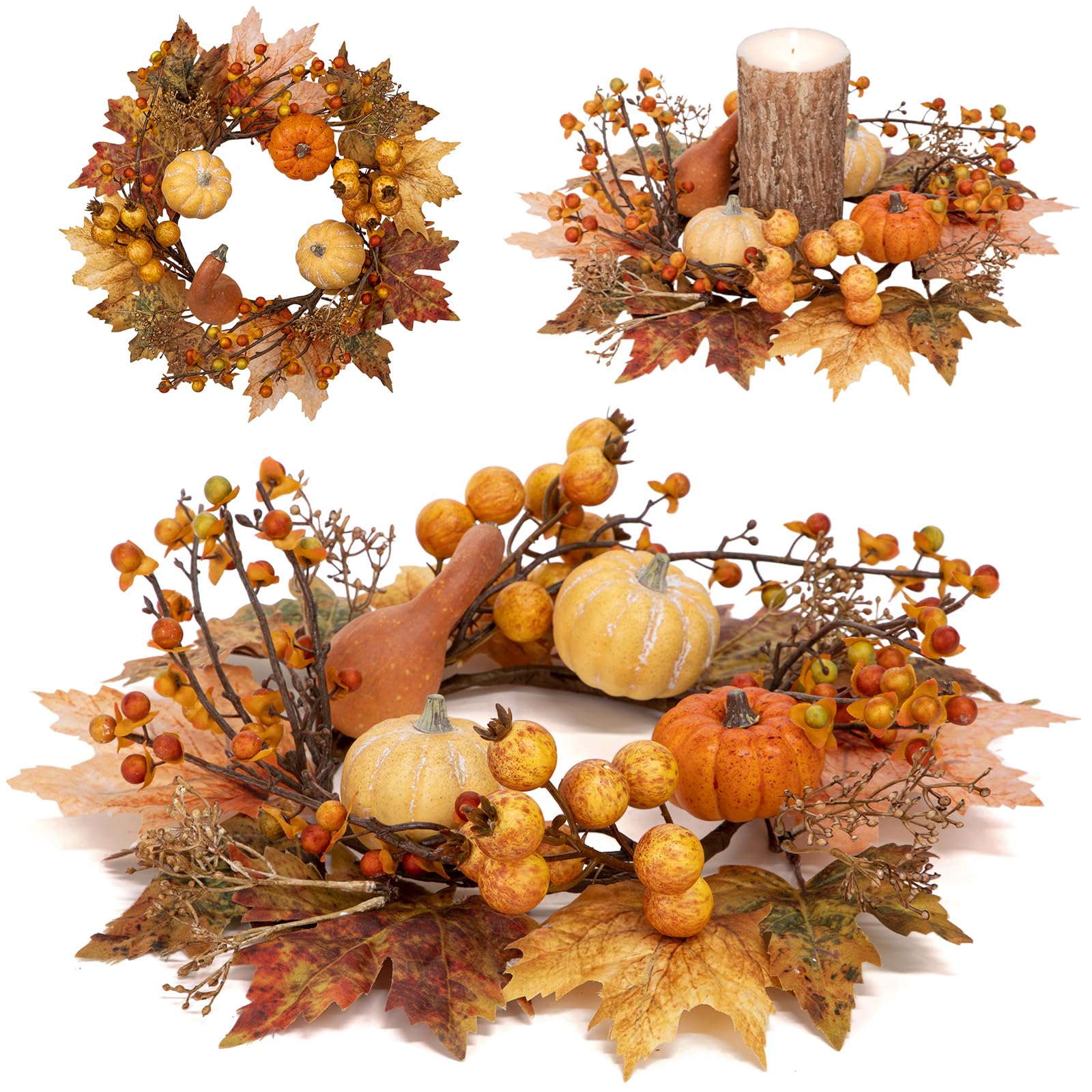 Photo 1 of 2 Set 11.8" Artificial Fall Candle Wreath for Table Centerpieces Table Accent Small Pumpkin Candle Rings for Pillars Autumn Candle Centerpieces Maple Leaf Wreath for Front Door Window-Two usages