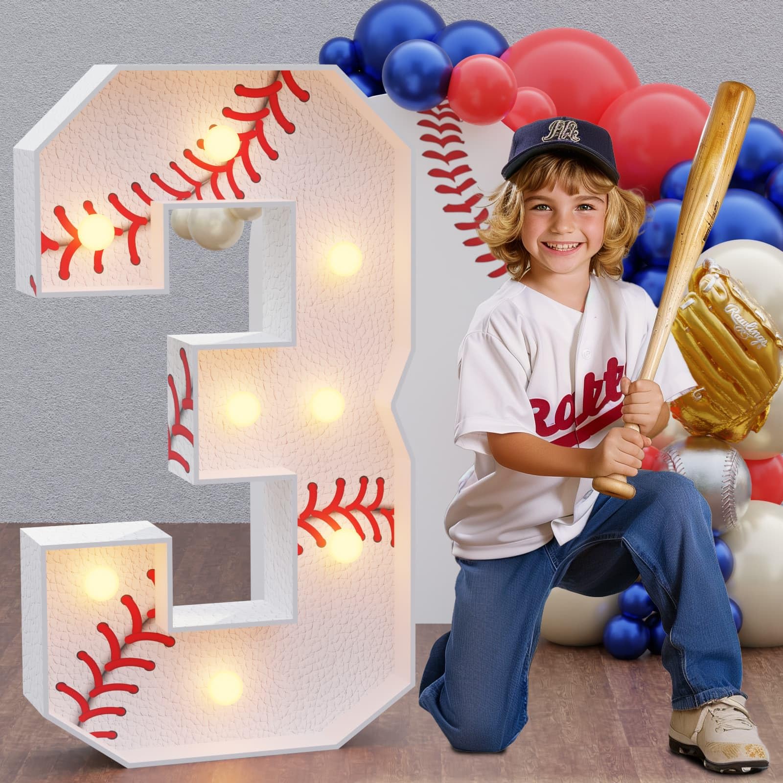 Photo 1 of Marquee Numbers Baseball Birthday Decorations: 3ft Large Party Decor Boy 3rd 13th Big Light Up Cardboard Number 3