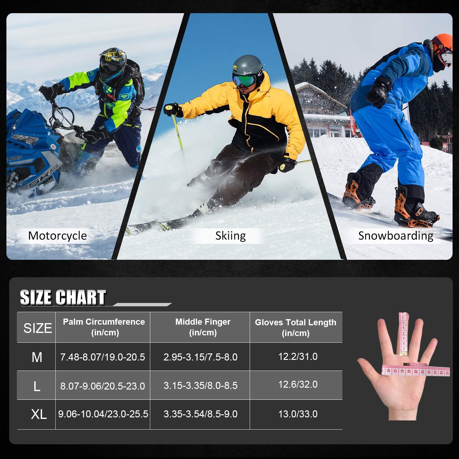 MCTi Waterproof Mens Ski Gloves Winter Warm 3M Thinsulate Snowboard Snowmobile Cold Weather Gloves : Clothing