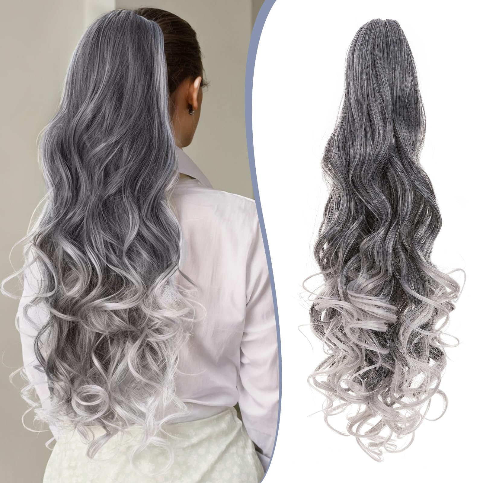 TESS 24'' Curly Ponytail Extensions, 210g Claw in Long Ponytail, Hair Pieces for Women, Rocky Grey to Beige — image 1