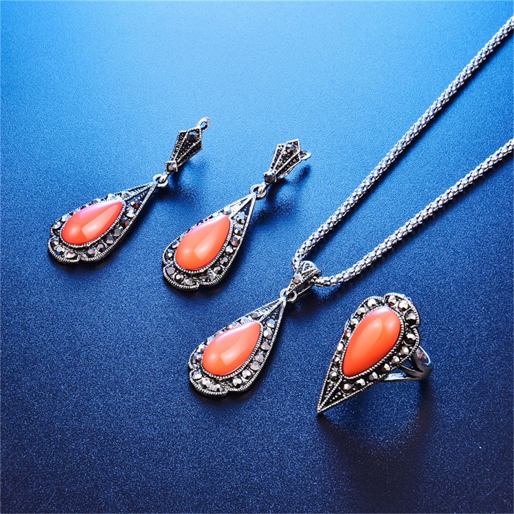 LUYUAN JEWELRY Women Girls Teardrop Triangle Jewelry Set Cute Resin Fashion Pendant Necklace Earring Ring Set - Orange+Ring#9