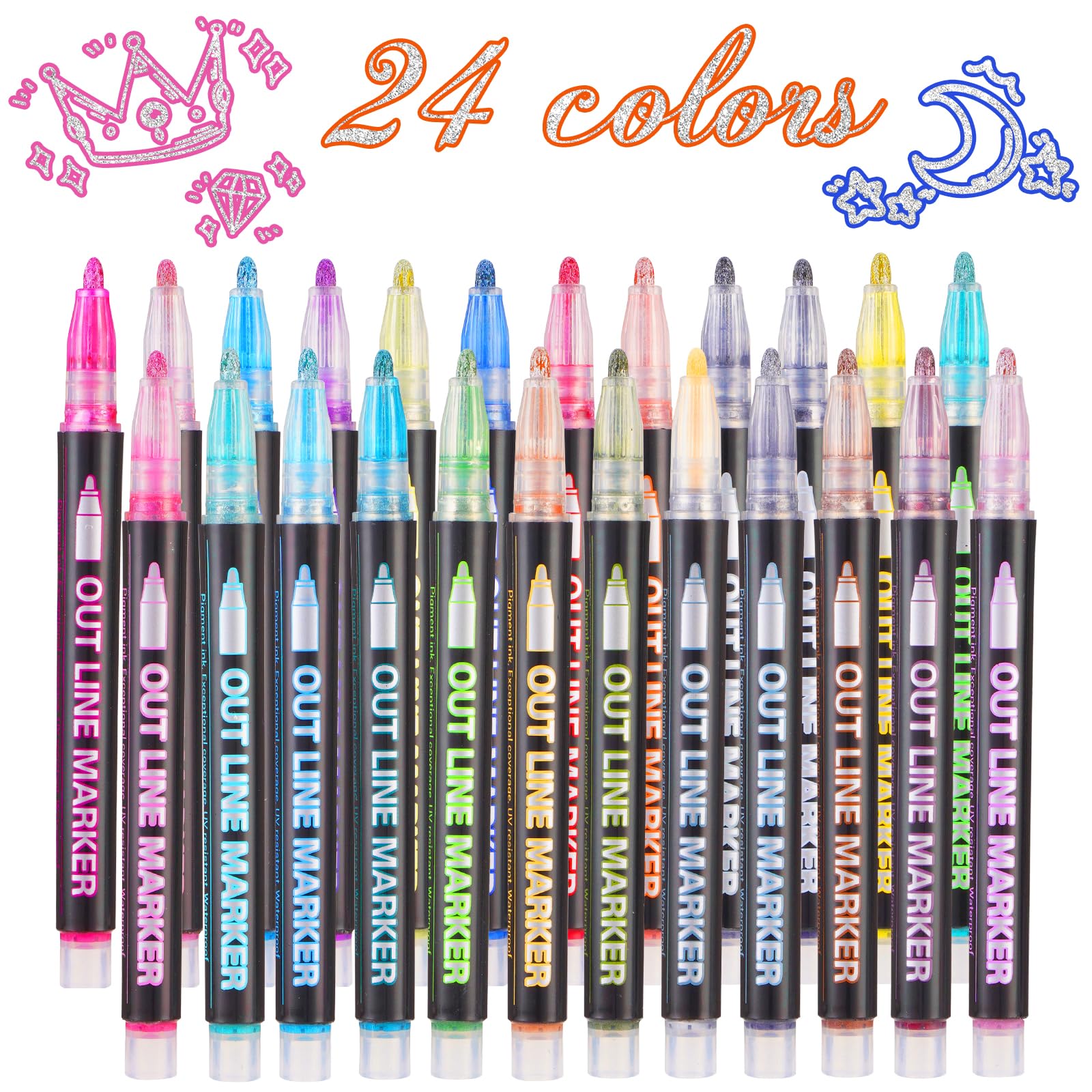TOVIKI 24 Colours Glitter Pens Outline Marker Pens, Metallic Double Line Outline Pens for Scrapbooking, Gifts for Teenage Girls, Gifts for 4-12 Year Old Girls, Easter Gifts for Kids