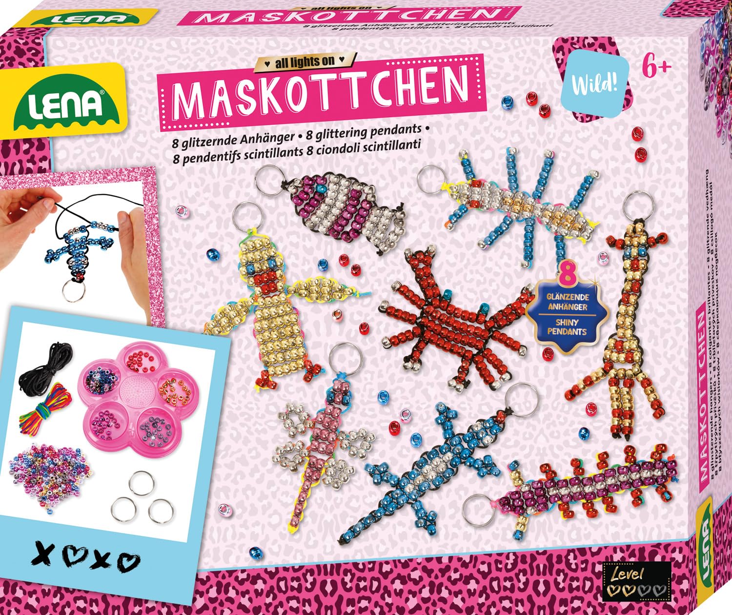 Lena 42690 - Craft set for 8 mascots, complete set for 8 lucky charms/key rings with 740 metallic XXL threading beads, black cord, 8 key rings and instructions, set for children from 6 years