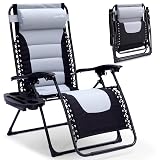 SereneLife Padded Zero Gravity Lounge Chair - Reclining Patio Chairs - Outdoor Lounge Chairs with Detachable Cup Holder Tray - Folding Recliner Chair with Removable Pillows - 1, Gray and Black