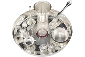 BENGALEN Silver Plated Pooja thali Set 8 Inch with Plate Glass Bowl Agarbatti Stand Palli Diya Kumkum Stand Coin Ghanti Puja Thali for Diwali Home Mandir Office Wedding Return Gift Items