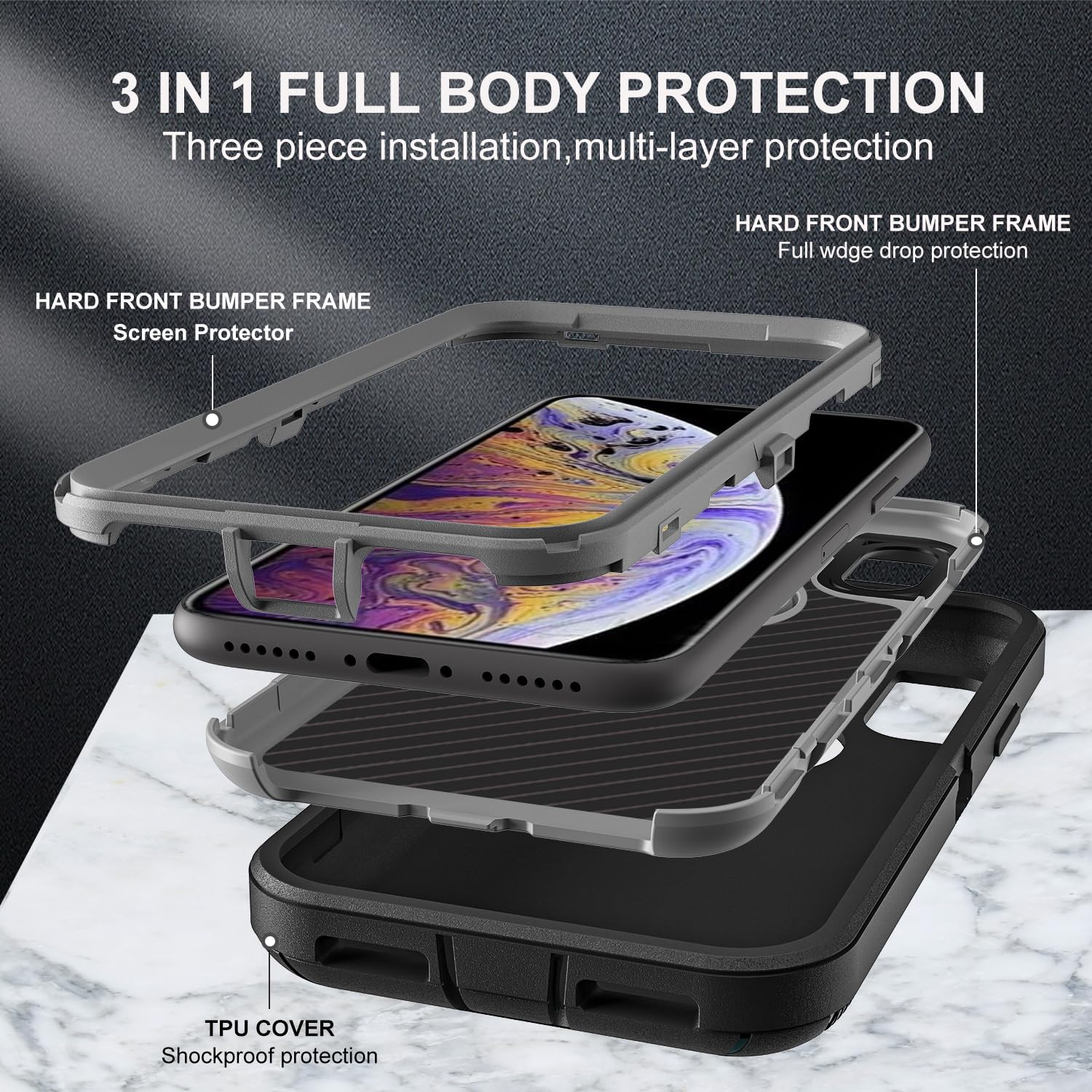 for iPhone X Case/iPhone Xs Case, Military Grade 3 in 1 Heavy Duty Shockproof/Drop Proof/Dust Proof Case with 2Pcs Tempered Glass Screen Protector (Black/Grey)