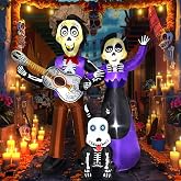6 FT Halloween Inflatables Decoration, Blow Up Yard Decorations, Day of The Dead Spooky Sugar Skull Couple Guitar and Skeleton Dog, Dia De Los Muertos Décor with Built-in LED for Outdoor