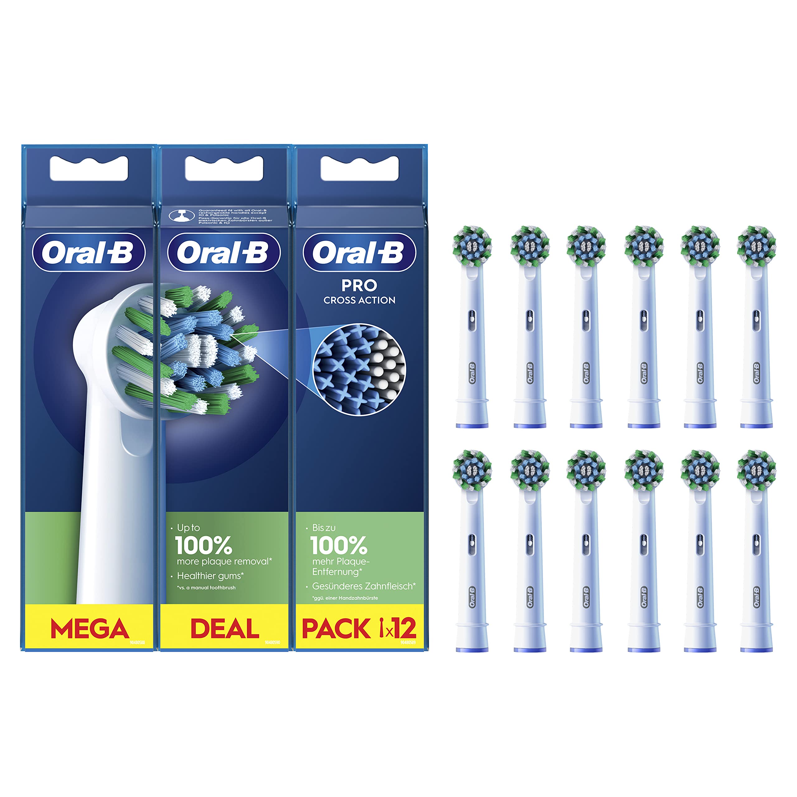 Oral-B Pro Cross Action Electric Toothbrush Head, X-Shape and Angled Bristles for Deeper Plaque Removal, Pack of 12 Toothbrush Heads, White