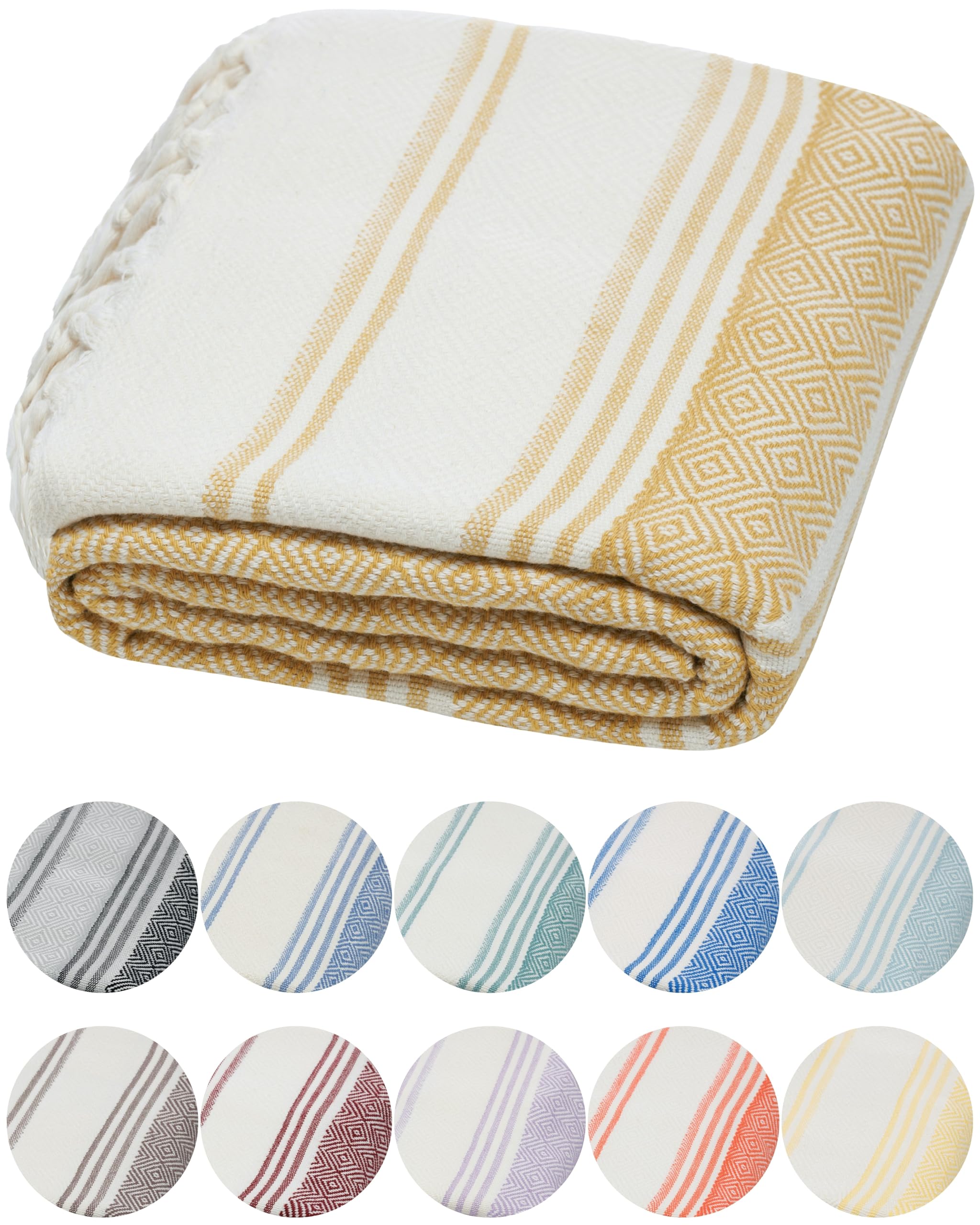 DEMMEX Certified 100% Organic Turkish Cotton Beach and Bath Towel - Hammam Peshtemal Towel, Blanket - Oversized, Quick Dry, Sand Free, Compact -Diamond Weave, Prewashed, Made in Turkey, 180x90 Mustard