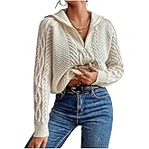 WDIRARA Women's Long Sleeve Half Zip V Neck Collar Ribbed Knitted Crochet Pullover Sweaters White Large