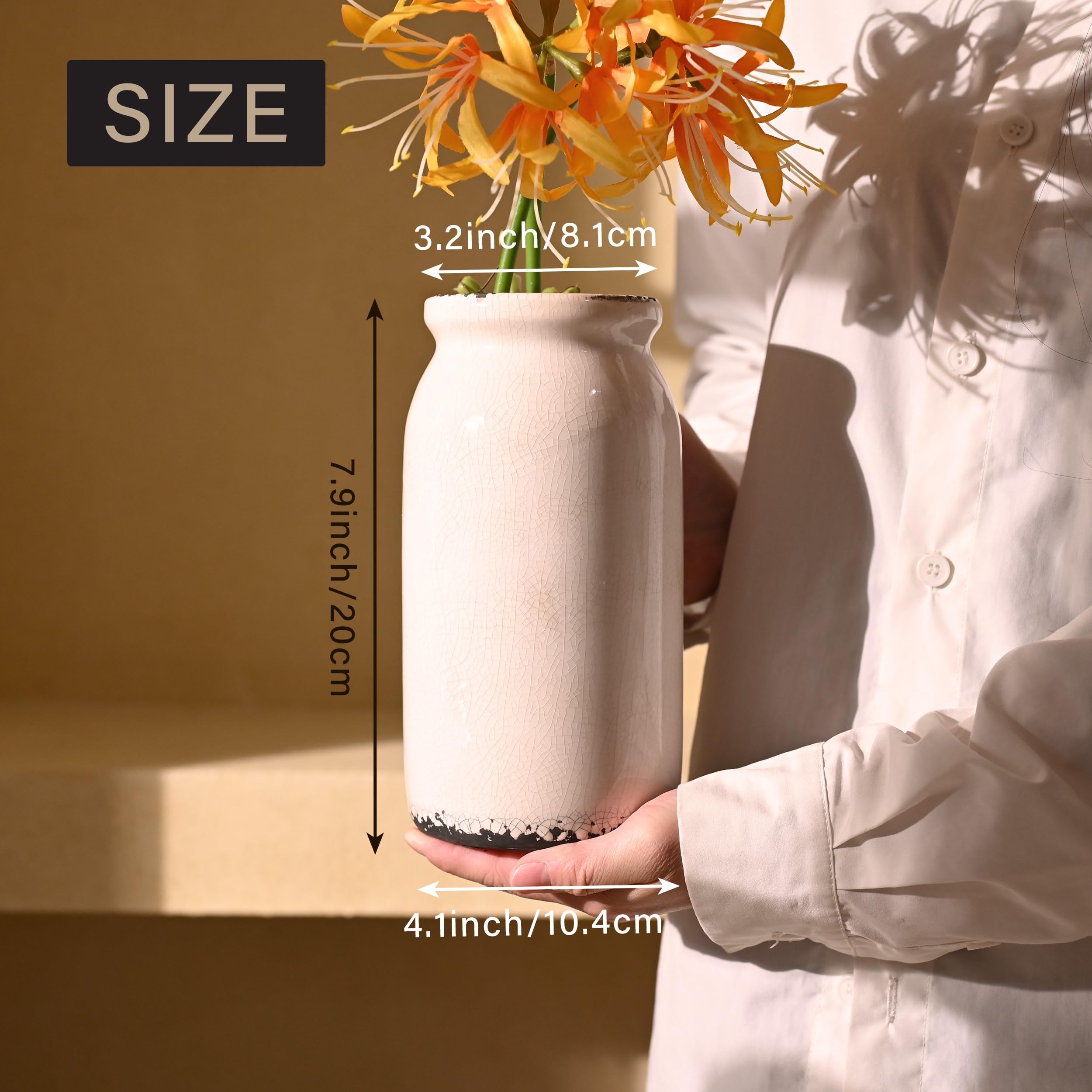 VICTOR & TERESA Rustic White Vase for Home Decor, Ceramic Vases for Flowers, Modern Farmhouse Decorative Vases for Pampas Grass,Table Accent, Mantel, Living Room,Bookshelf, Centerpieces, 8'' - Image 4