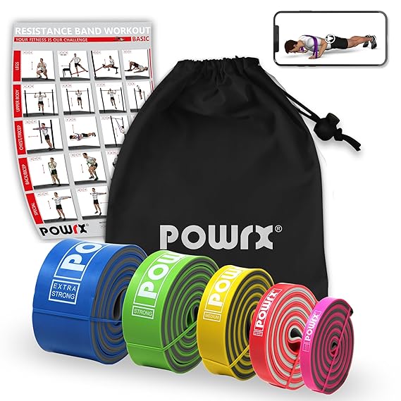 POWRX® Premium Fitnessbänder mit Tasche und virtuellem Trainingsposter - Klimmzug-Band für Calisthenics Workout - Resistance 