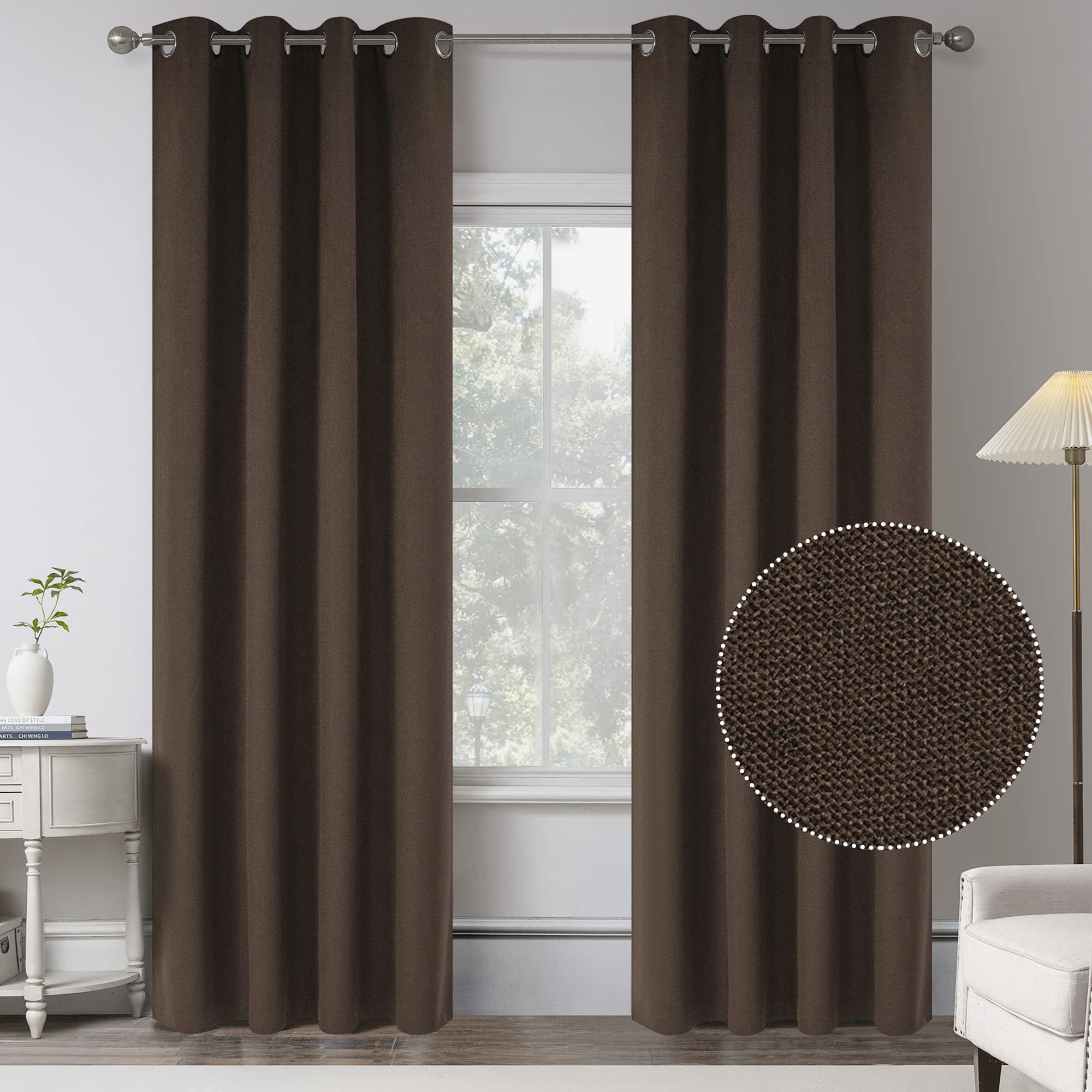 Photo 1 of 108 Inches Extra Long Linen 100% Blackout Curtains for Bedroom - Cocoa Brown Energy Saving Thermal Insulated Burlap Textured Curtain Drapes for Country Villa (Set of 2 Panels,W 52 x L 108 Inch Length)