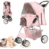 LPOTIUS 4-Wheel Pet Stroller for Small Dogs and Cats, Up to 33 lb, Pink | Foldable, Cup Holder Tray, 2 Tethers, Padded Mat, Basket, Breathable Mesh, Rear-Zip Door, Swivel Front Wheels and Rear Brakes