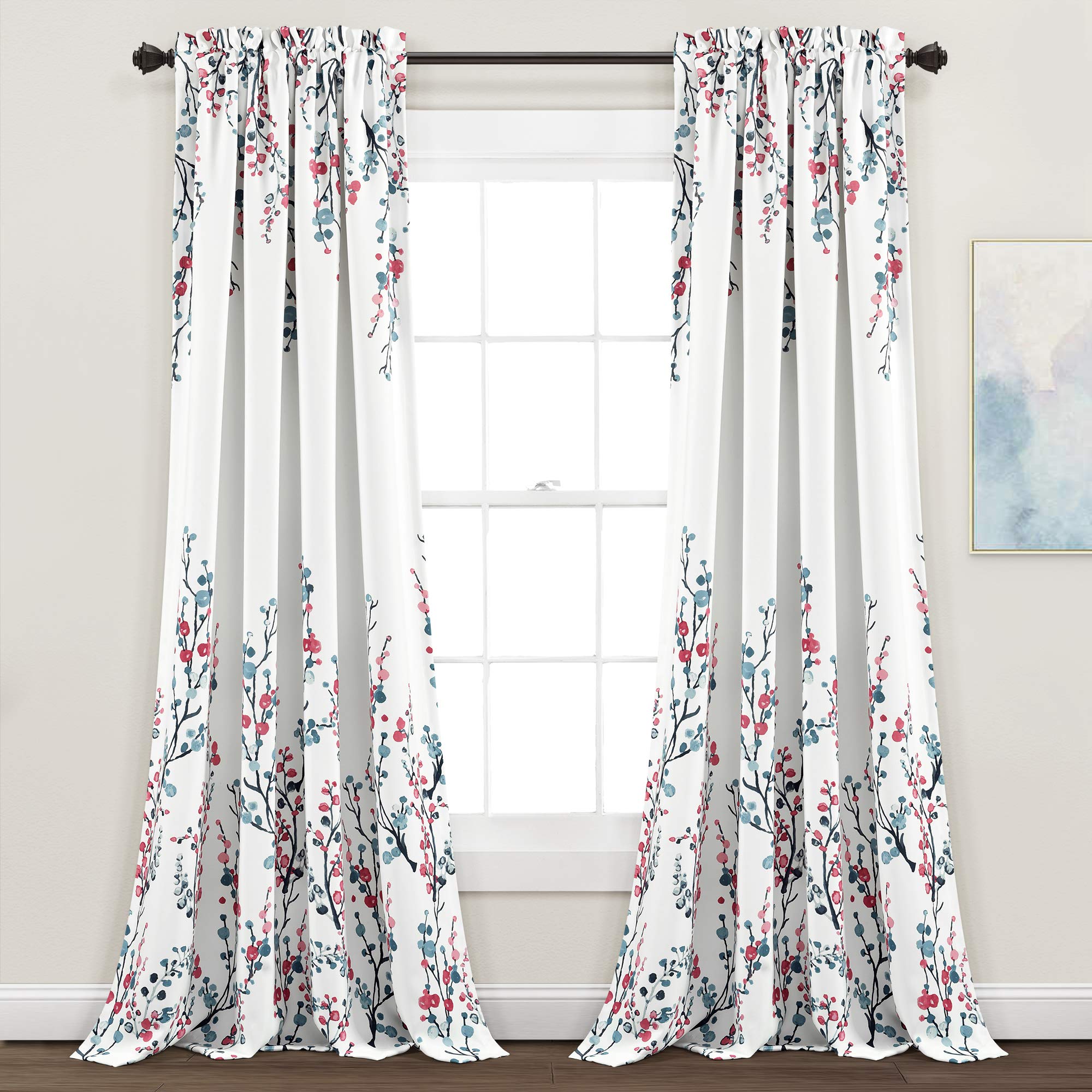 Lush Decor Mirabelle Watercolor Floral Light Filtering Window Curtain Panel Pair, 84" L x 52" W, Blue & Coral