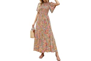 ZESICA Women's 2025 Summer Casual Floral Print Short Flutter Sleeve Crew Neck Smocked High Waist Flowy Maxi Dress