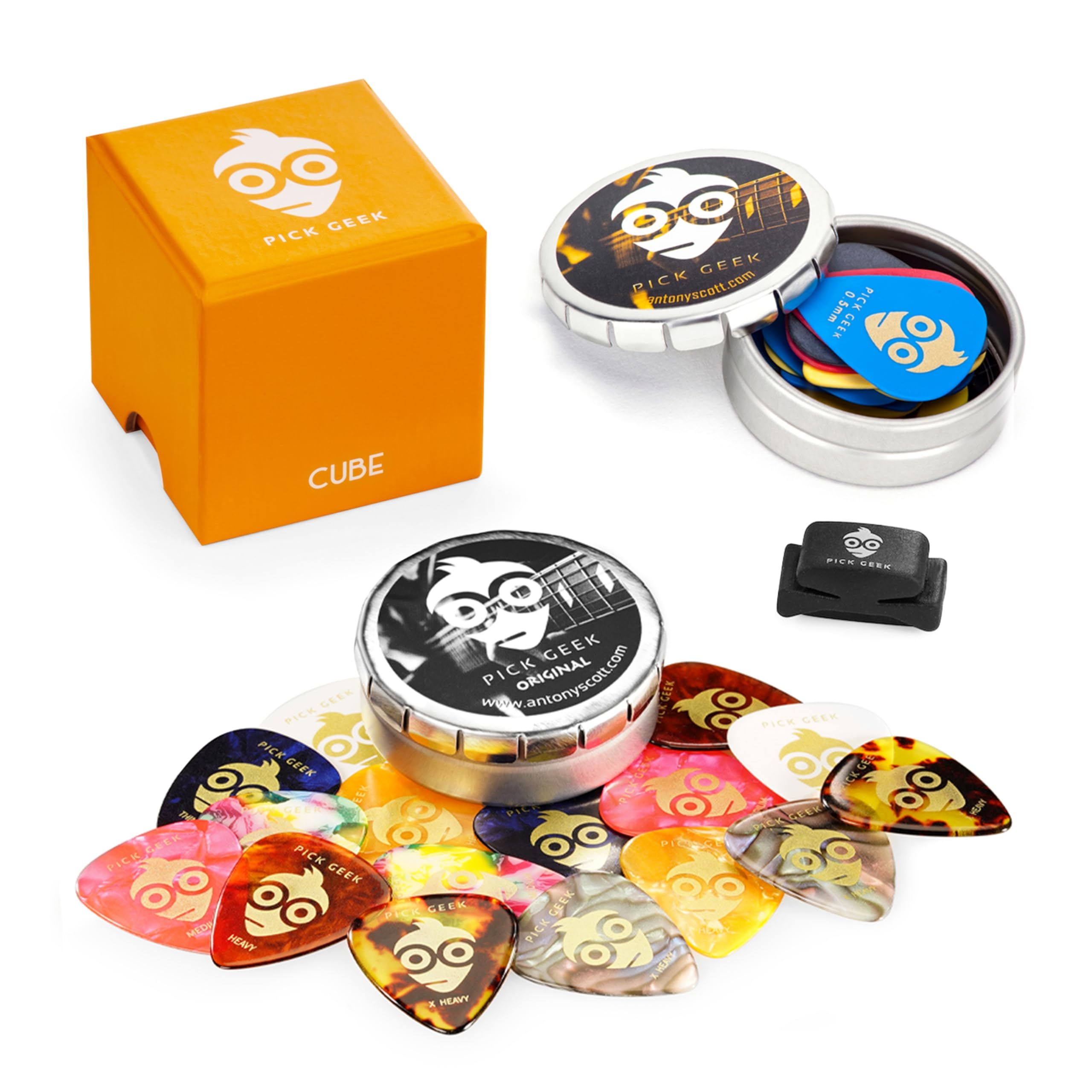 Pick Geek Cube Guitar Pick Set | 2 x Sets of Premium Guitar & Bass Plectrums | 4 x Thicknesses | Includes FREE Wedgie Pick Holder PLUS 2 x Metal Pocket Boxes | Shipped in a Beautiful Cube Gift Box