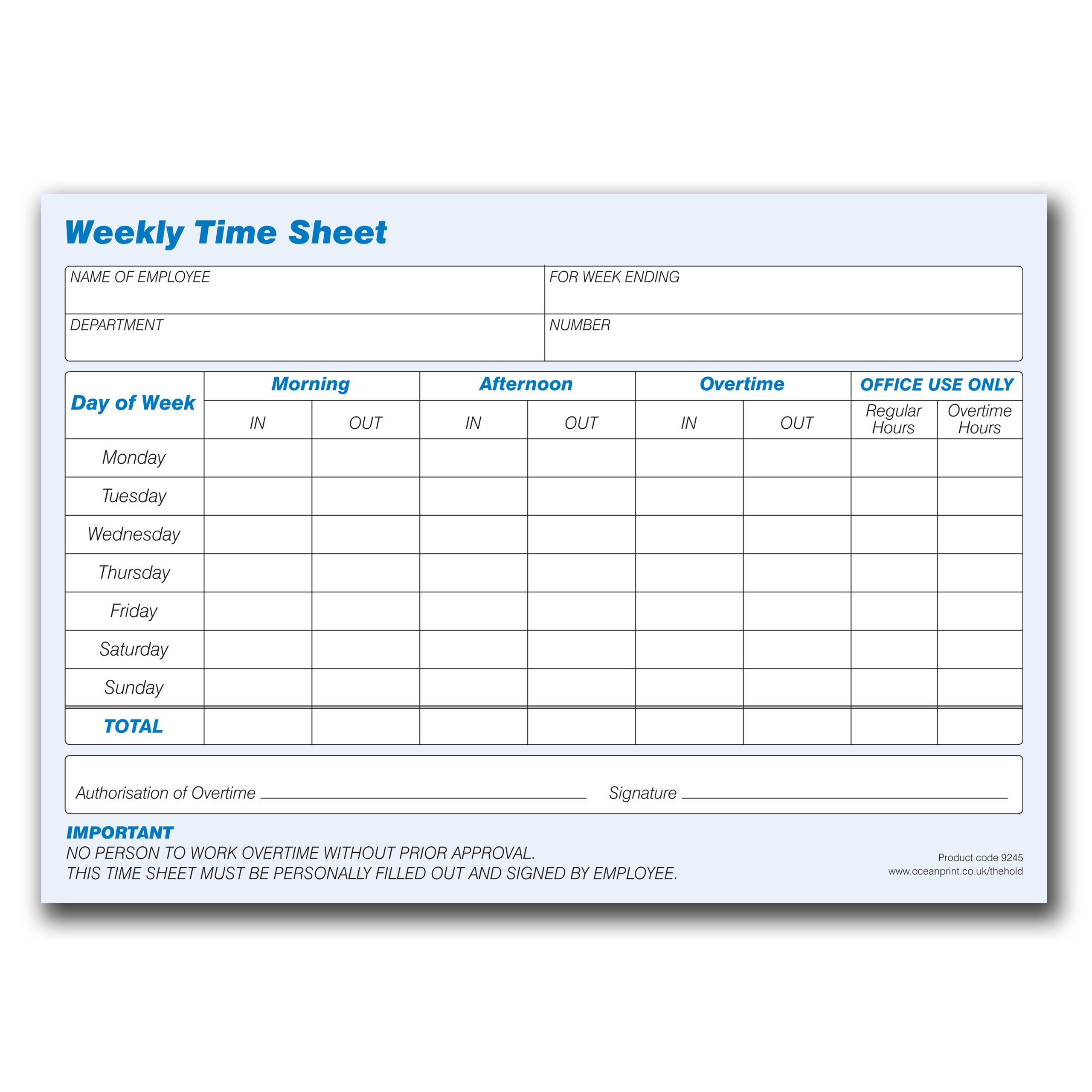 Weekly Employee Timesheet Pad, 1-Part 80gsm Paper (69530)
