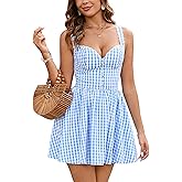 Parthea Women's Summer Cute Corset Mini Dress Lace Spaghetti Strap Sweetheart Flowy A-line Gingham Short Dresses