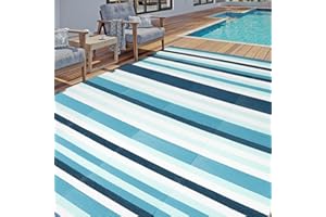 HUGEAR Outdoor Plastic Straw Rug, Waterproof Mat, Washable Large Floor Mat and Rug for Outdoors, RV, Beach, Patio, Camping, Backyard, Deck, Picnic, Indoor Outside (5x8ft,Stripe/Turquoise&White)