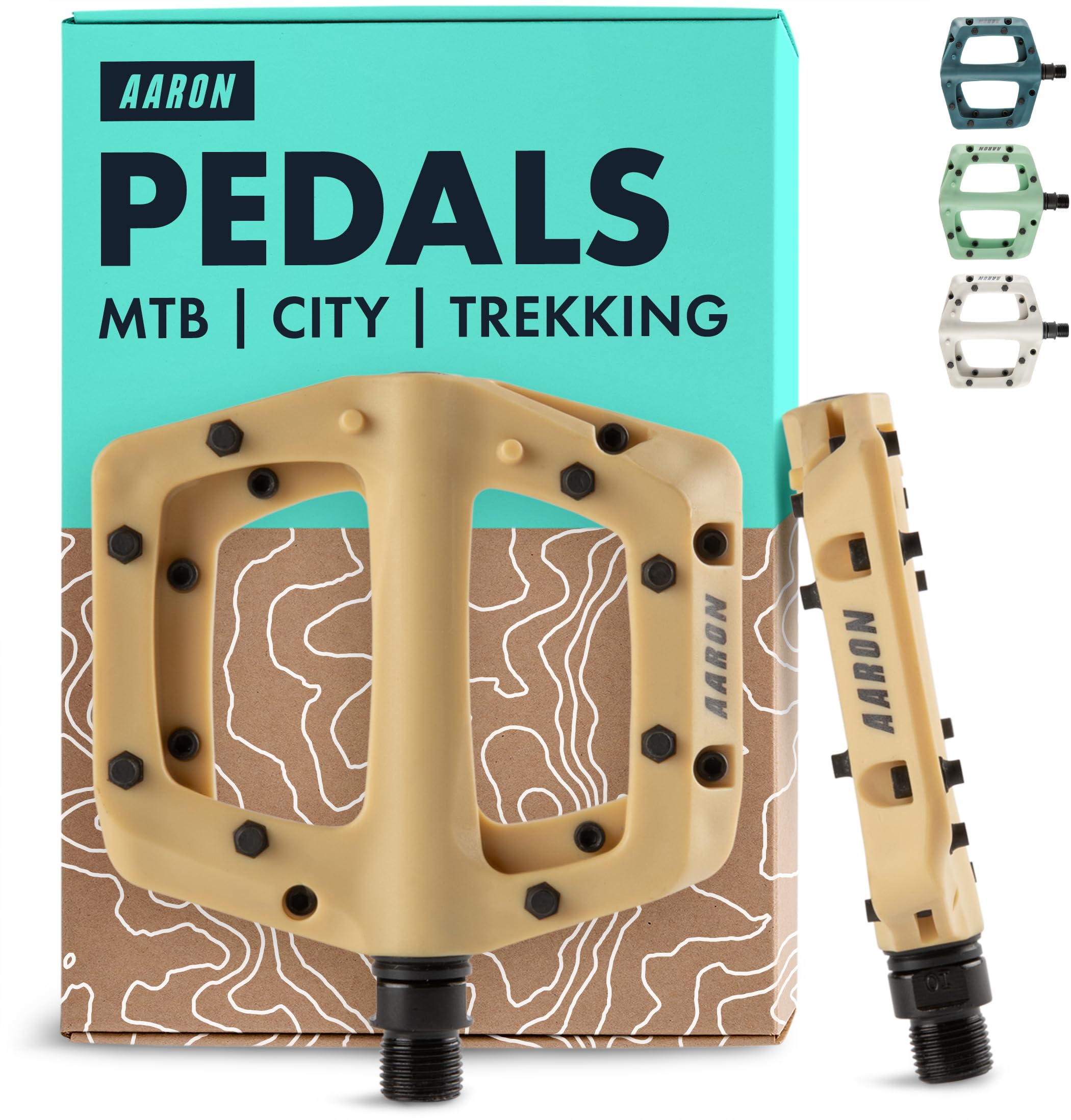 AARON - Dirt Plastic Pedals Industrial Ball Bearings - Non-Slip with Top Grip and Flat Design - Platform Pedals for Dirt Bikes, E-bikes, Mountain Bikes (MTB) & Trekking Bikes and many more - Sand