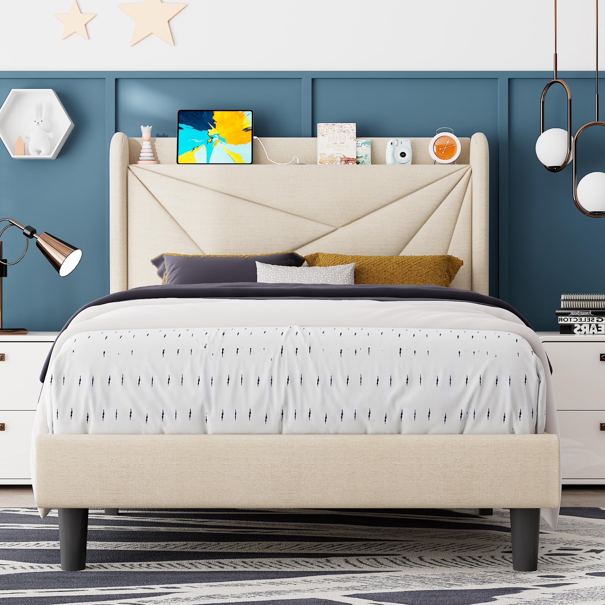 Feonase Twin Size Bed Frame with Charging Station, Upholstered Linen Bedframe with Wingback Headboard, Solid Wood Slats Support, No Box Spring Needed, Noise Free, Beige Image