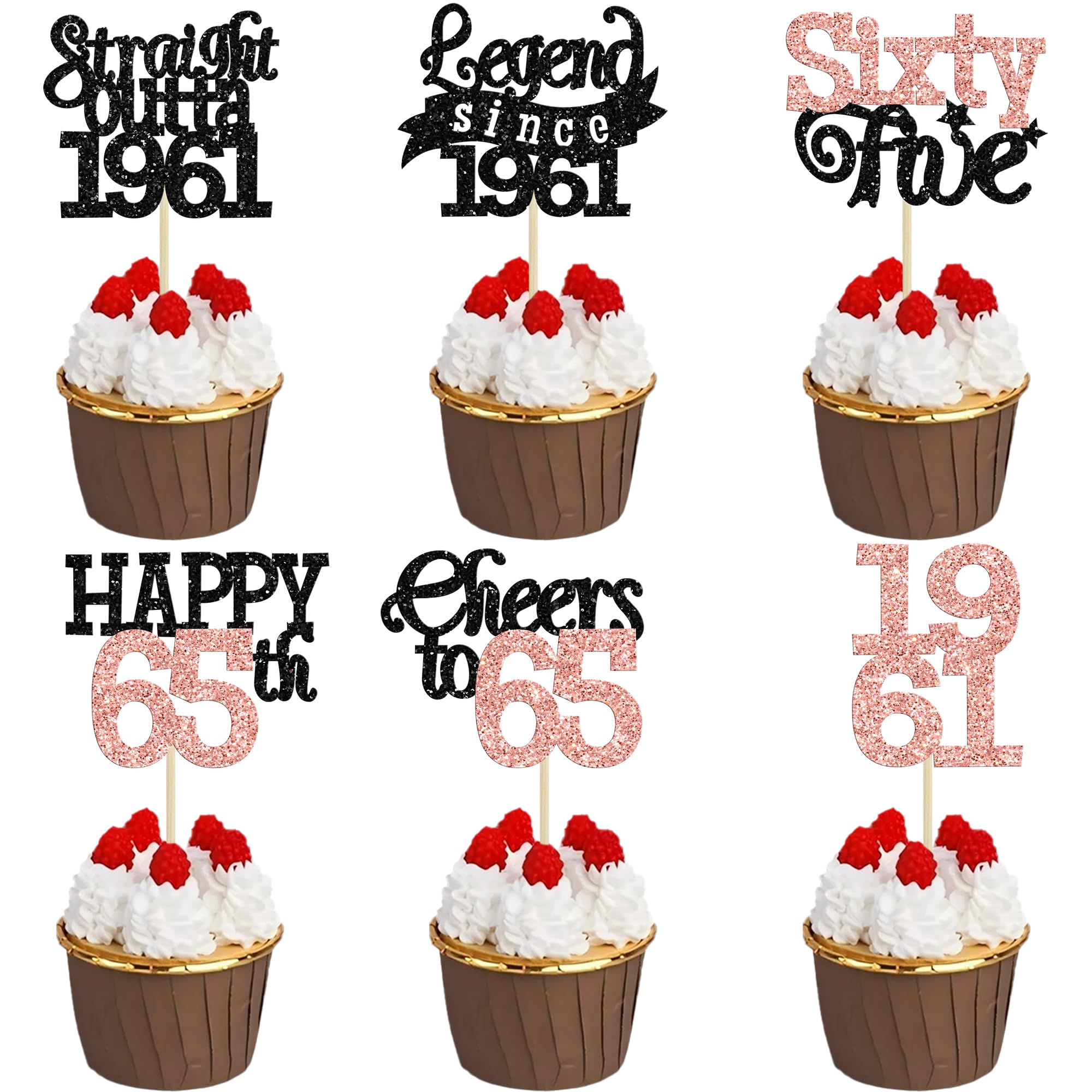 Gyufise 24Pcs Happy 65th Birthday Cupcake Toppers Hello Sixty Five Legend Since 1961 Cupcake Picks Cheers to 65 Years Cake Decorations for 65th Birthday Anniversary Party Supplies Black Rose Gold