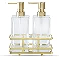 Square Glass Clear Lotion and Soap Pump Dispenser Set with Metal Stand Caddy for Bathroom Bath Kitchen Home Office Travel Hotel Hand Crafted Heavy Weight (Brushed Gold)