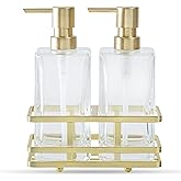 Square Glass Clear Lotion and Soap Pump Dispenser Set with Metal Stand Caddy for Bathroom Bath Kitchen Home Office Travel Hotel Hand Crafted Heavy Weight Brushed Gold