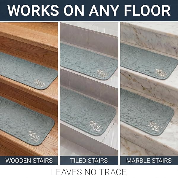 SOFT STAIR TREADS 8X30, PLUSH COTTON CUSHIONED CARPET FOR HARDWOOD FLOORS, NON-SLIP SILICONE BACKING NO ADHESIVE, QUIET SAFETY MATS FOR KIDS & PETS, MACHINE WASHABLE-BLUE