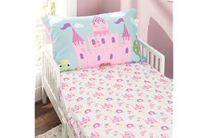 EVERYDAY KIDS Toddler Fitted Sheet and Pillowcase Set -Princess Storyland- Soft Breathable Microfiber Toddler Sheet Set