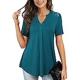 OmicGot Women's Plus Size Tops Casual Blouse Short Sleeve Lace Pleated Tunic Tops M-4XL