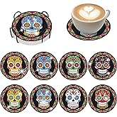 8Pcs Halloween Skull Diamond Coaster with Holder DIY Day of The Dead Art Painting Coaster for Beginners