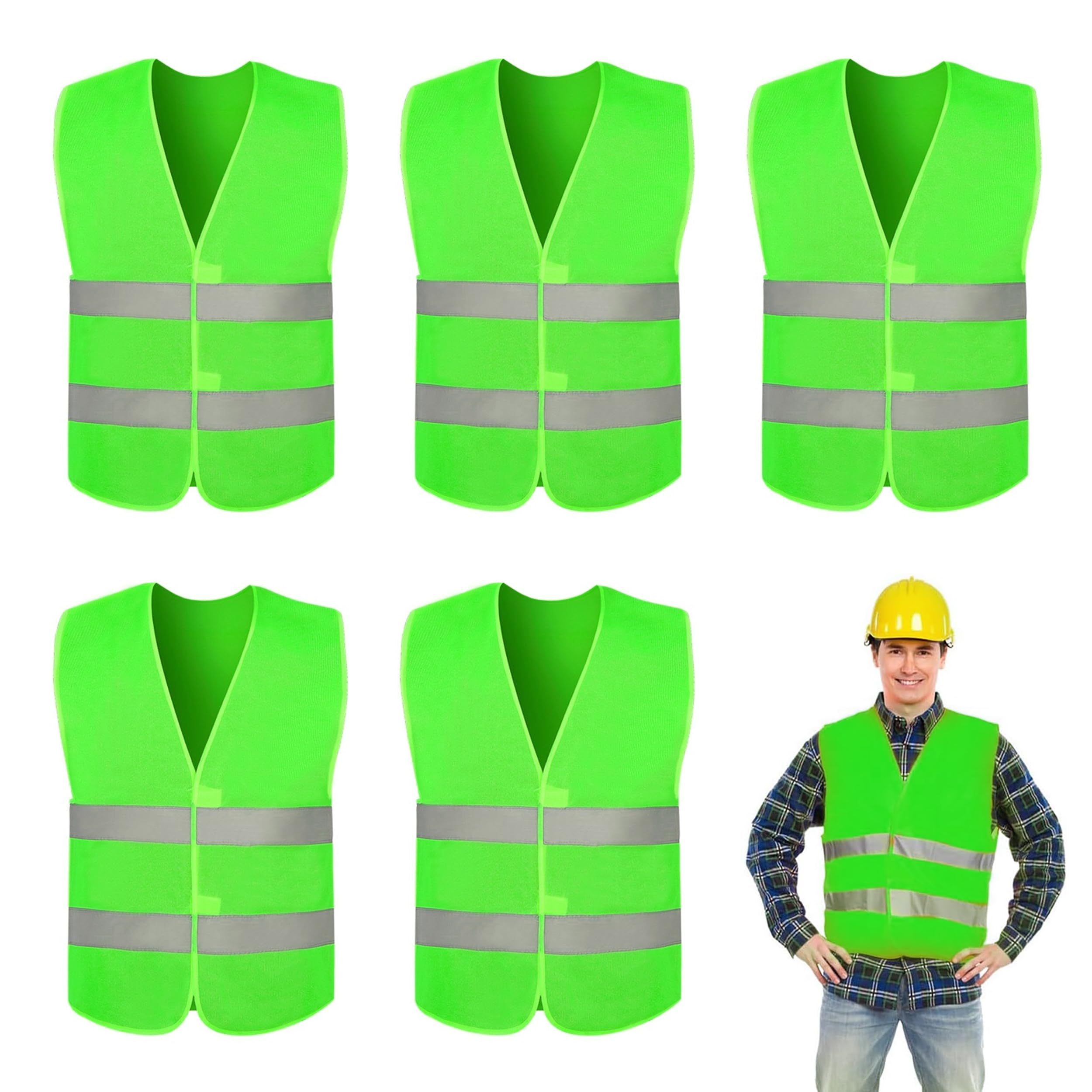 Hi Vis Vests, 5PCS Safety Vests, Unisex Hi Vis Jacket with Reflective Strip for Outdoor Running Walking Motor Bicycle Drivers(Green)