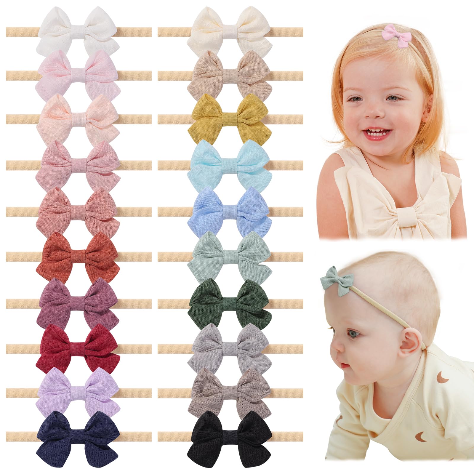 Photo 1 of jollybows 20pcs Baby Girl Bow Headbands Newborn Nylon Hairband 2" Neutral Linen Infant Hair Bows