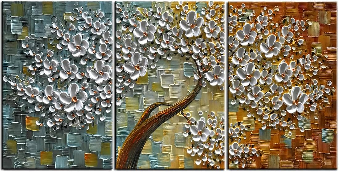Paintings - YaSheng Art - 28x20inchx3 Hand Painted 3 Panels Contemporary Art Oil painting On Canvas 3D Flower Trees Paintings Modern Home Wall Decoration Abstract Artwork Paintings Ready to Hang