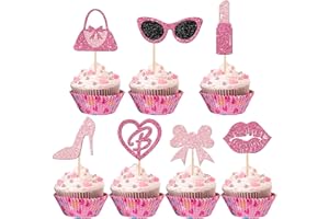 Biendo 32 PCS Glitter Pink Princess Cupcake Toppers Girl Cupcake Picks Handbag Glasses Bow Tie Lipstick High Heel Cake Decorations for Girl Princess Theme Bridal Shower Wedding Birthday Party Supplies