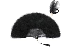 SOGUGOM Black Feather Fan with Headband - Hand Fan Foldable,Marabou Feather Fan for 1920s Gatsby Party