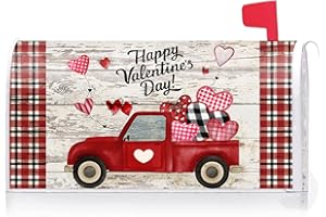 Texupday Happy Valentine's Day Love Heart Red Truck Buffalo Plaid Mailbox Cover with Magnetic Strip Holiday Mailbox Wraps Post Letter Box Cover Standard Size 21" X 18" for Garden Outdoor Yard Decor