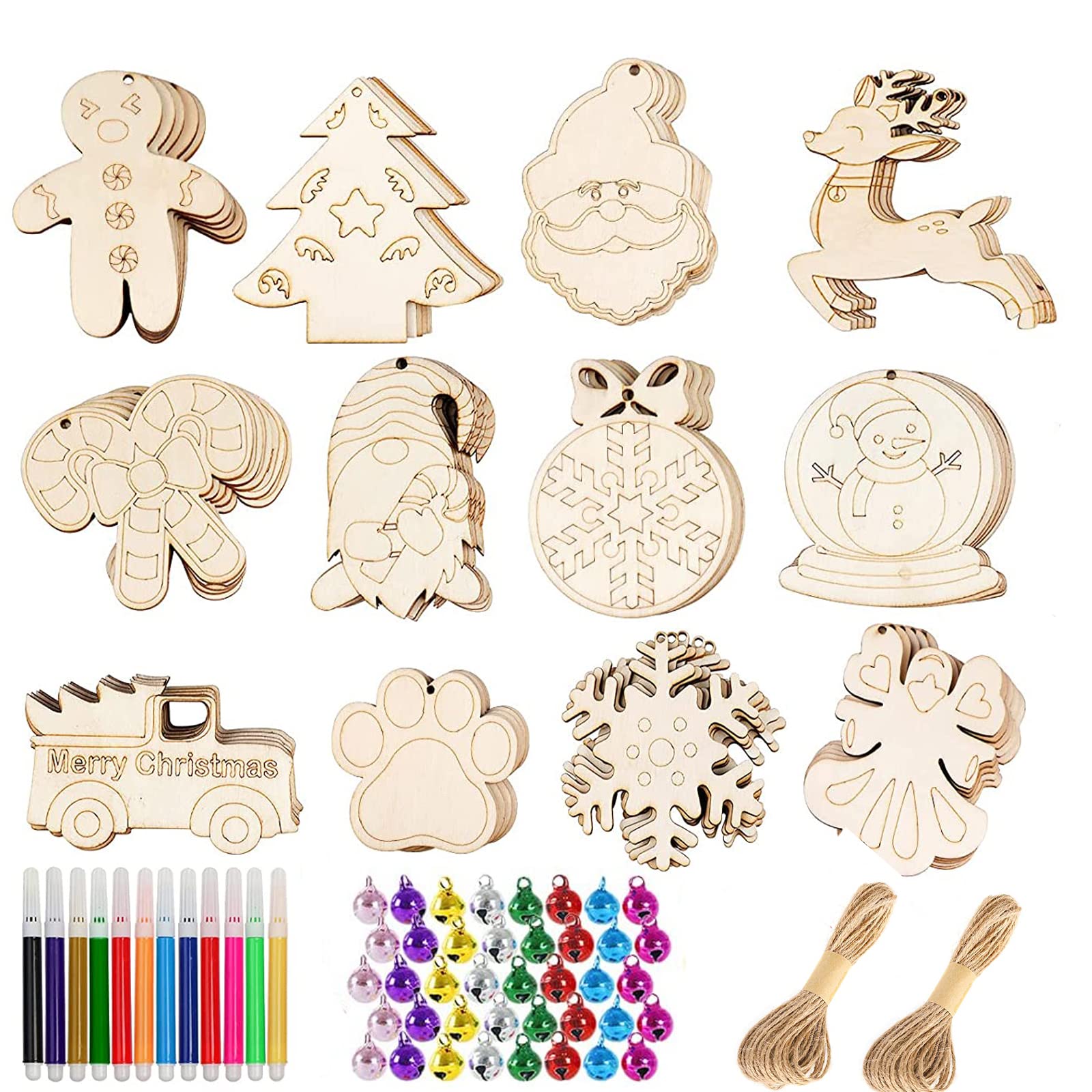 HBell 60pcs Christmas Ornaments Set - Wooden Baubles with Holes, Unfinished Wooden Slices, Colorful Bells and Watercolor Pen for Kids DIY Crafts Christmas Hanging Decoration Xmas Gifts